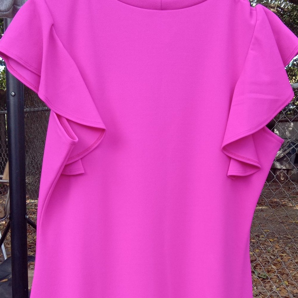 Cute hot pink cocktail ruffle trim dress.
